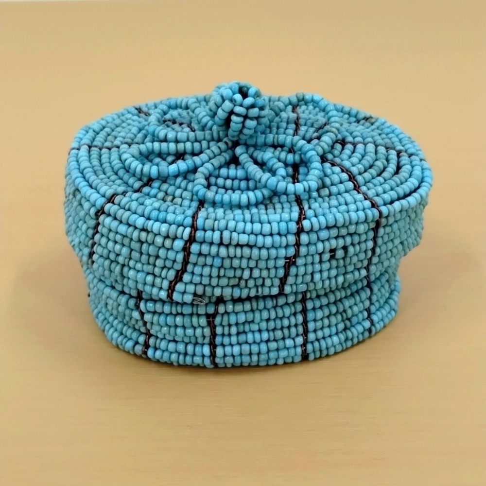 Beaded trinket box blue beads and wire with flower topper native American